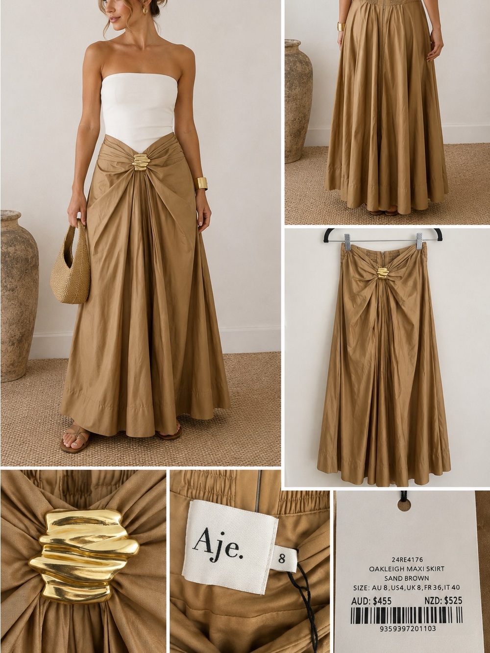 NWT Aje Oakleigh Maxi Skirt Sand Brown Gold Hardware Size US 4
